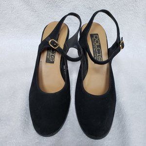 Dolcis Slingback Heels 90s Vintage Chunky Block Pump 7M Black Suede Leather